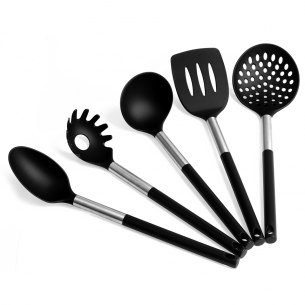 juego de utensilis de cocina modernos de nylon negro y acero inoxidable