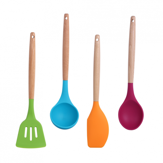 Set utensilios de cocina de silicona de colores con mango de madera ENZA UTE01
