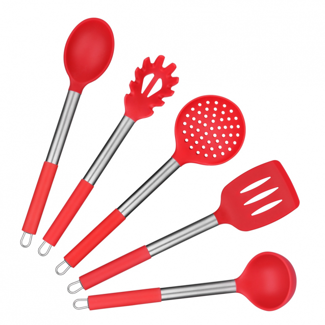 Set utensilios de cocina de silicona roja y mango inox ENZA UTE02