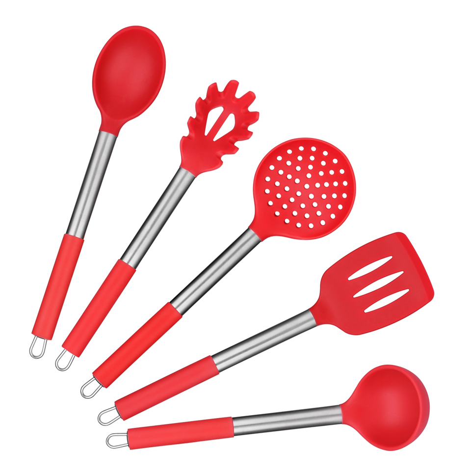 Set utensilios de cocina de silicona roja y mango inox ENZA UTE02